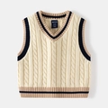 Klassische Strickweste in Creme mit Zopfmuster und gestreiften Abschlüssen für Kinder - 120cm / Gebrochenes Weiß