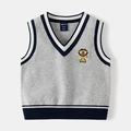 Detail of grey V-neck knit vest with lion embroidery and navy striped ribbing - 90cm / Solid Grey
