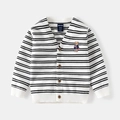 Cardigan in maglia a righe per bambini con scollo a V, ricamo orso e bottoni marroni - 90cm / Righe Sottili Bianche