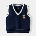 Classic navy blue V-neck knit vest for boys with a yellow cartoon lion embroidery - 90cm / Solid Navy Blue