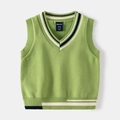 Avocado-grüne Strickweste für Kinder mit V-Ausschnitt und klassischen Streifen-Details - 90cm / Türkisgrün