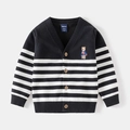 Classic striped V-neck kids knit cardigan with wood buttons and cute bear embroidery - 90cm / Black Wide Stripes
