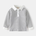 Detailed view of kids' striped Polo shirt featuring a white collar and ribbed cuffs - 100cm / White Striped