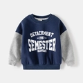 Donkerblauwe jongens sweatshirt met grijze raglanmouwen en vintage witte letters print - Marineblauw / 90cm