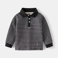 Classic black and white striped kids long sleeve polo shirt with black contrast collar - 100cm / Black Stripe