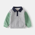 Kinder polo-sweatshirt met grijs lijfje, groene mouwen en marineblauwe kraagdetails - 90cm / Grijs Colorblock