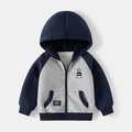 Grijs en donkerblauw vest met capuchon en ritssluiting voor jongens met beerborduur - Grijs/Marineblauw Patchwork / 90cm