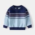 Klassieke gebreide kindertrui met donkerblauwe ribboorden en diamant jacquardpatroon - 90cm / Marineblauw
