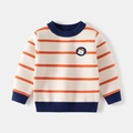 Pull rayé orange et blanc pour garçon avec un écusson brodé d'un petit ours mignon - 100cm / Blanc Crème à Rayures