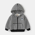 Gestreifte Kapuzenjacke für Kinder mit Bären-Stickerei und Reißverschluss für den Herbst - 90cm / Schwarz-weiße Streifen