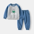 Blauw en grijs jongens trainingspak met cartoon beer print en geribbelde manchetten - Grijs/Blauwe Mouw Beer / 90cm