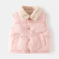 Detailed view of kids puffer vest with soft faux fur collar and snap buttons - Pink