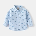 Light blue boys long sleeve shirt with cartoon construction vehicle print and chest pocket - Blue / 90cm