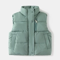 Flat lay of bean green kids puffer vest featuring stand collar and zipper chest pocket - 100cm / Green