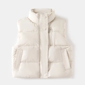 Detail of beige quilted vest featuring standing collar zipper and snap button closure - 100cm / White