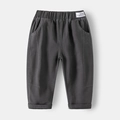 Detail of kids charcoal joggers with elastic waistband and trend brand woven label - Gray / 90cm