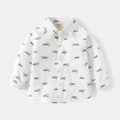 Boys long-sleeve cotton shirt with blue cartoon vehicle prints on white fabric - White / 90cm