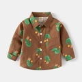 Kids long sleeve brown shirt with all-over green cartoon crocodile print and white buttons - 90cm / Brown Dinosaur