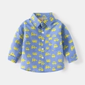 Detail of blue cotton kids shirt with yellow cartoon excavator prints and front pocket - 90cm / Blue Car