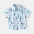 Kids short sleeve dinosaur print cotton shirt in light blue with white buttons - Blue / 90cm