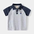 Short sleeve polo shirt for boys with color blocking and bear embroidery design - 90cm / Gray