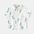 Boys white short sleeve cotton shirt with cartoon dinosaur print and classic collar - White / 90cm