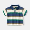 Classic striped short-sleeve polo shirt for boys with teddy bear embroidery detail - Green Stripes / 90cm