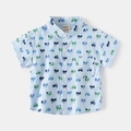 Camicia bambino azzurra a maniche corte con stampa trattore e scollatura a V - 90cm / Blu