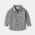 Camicia a scacchi bianchi e neri per bambino con ricamo smiley giallo e maniche lunghe - Quadri Neri / 90cm