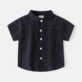 Toddler boy black short-sleeved cotton shirt with V-neck collar and white buttons - 90cm / Black