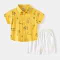 Conjunto de verano para niño con camisa amarilla de jirafa y pantalón corto blanco - 90cm / Animales Amarillos + Blanco