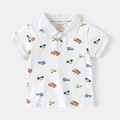 Kinder Polo-Shirt mit vollflächigem Auto-Print auf weißem Baumwollstoff für Jungen - Weiß / 90cm