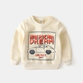 Sudadera infantil crema con estampado de coche vintage y puños acanalados en vista plana - 90 / Blanco Roto