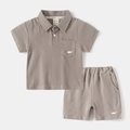 Kids short sleeve polo shirt and shorts set in taupe cotton with whale embroidery - Light Coffee