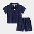 Kids navy blue cotton polo shirt and shorts set with a minimalist white whale graphic - Navy Blue