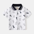 White cotton kids polo shirt with navy collar and cartoon dinosaur prints all over - 90cm / White Print