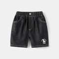 Boy's denim shorts in charcoal grey with cartoon print and elastic waist for summer - Black Solid / 90cm
