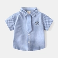 Camicia a maniche corte a quadretti da bambino con cravatta e ricamo a forma di orso - 120cm / Plaid Blu (Con Cravatta)