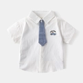 Camicia bianca a maniche corte in cotone per bambino con cravatta a quadri blu e orso - 120cm / Bianco Tinta Unita (Con Cravatta)