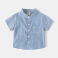 Camicia a righe bianche e blu a maniche corte in cotone con bottoni per bambini - Riga Blu Denim / 90cm