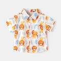 Kids short sleeve shirt with cute yellow lion and blue feather print for summer - 90cm / Happy Lion