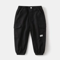 Kids black cargo jogger pants with elastic waist and side flap pockets for spring and autumn - 90cm / Black