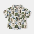 Short-sleeved beige cotton shirt for boys with abstract geometric patterns and chest pocket - 90cm / Green White Squares