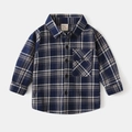 Close-up of navy blue plaid cotton flannel fabric and chest pocket on kid's shirt - Navy Plaid / 90cm