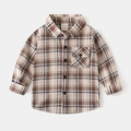 Detail view of boys' plaid flannel shirt showing breast pocket and tortoiseshell buttons - Coffee White Plaid / 90cm