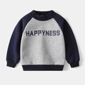 Detail of navy and grey raglan sleeve kid sweatshirt with Happyness print - Gray / 90cm