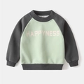Close-up of boys fleece sweatshirt with raglan sleeves and Happyness print - Light Green / 90cm