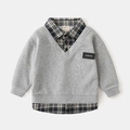 Detail of boys' layered grey sweatshirt with a plaid shirt collar and fashion leather patch - Gray / 90cm