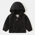 Detail of kids hooded windbreaker with large pockets and double closure system - 90cm / Black
