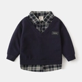 Detail of boys navy knit sweatshirt with green plaid shirt collar and fashion patch - Navy Blue / 90cm